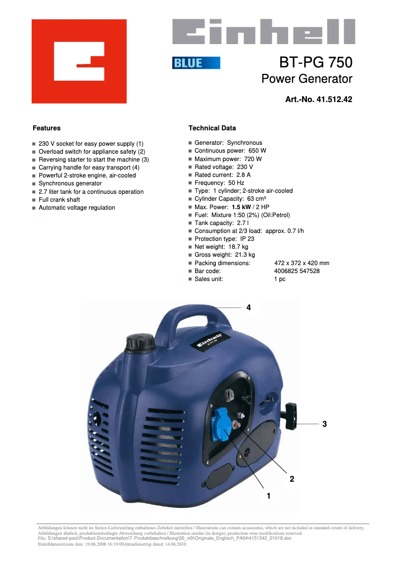 Página 1 del manual Manual de usuario Einhell BT-PG 750