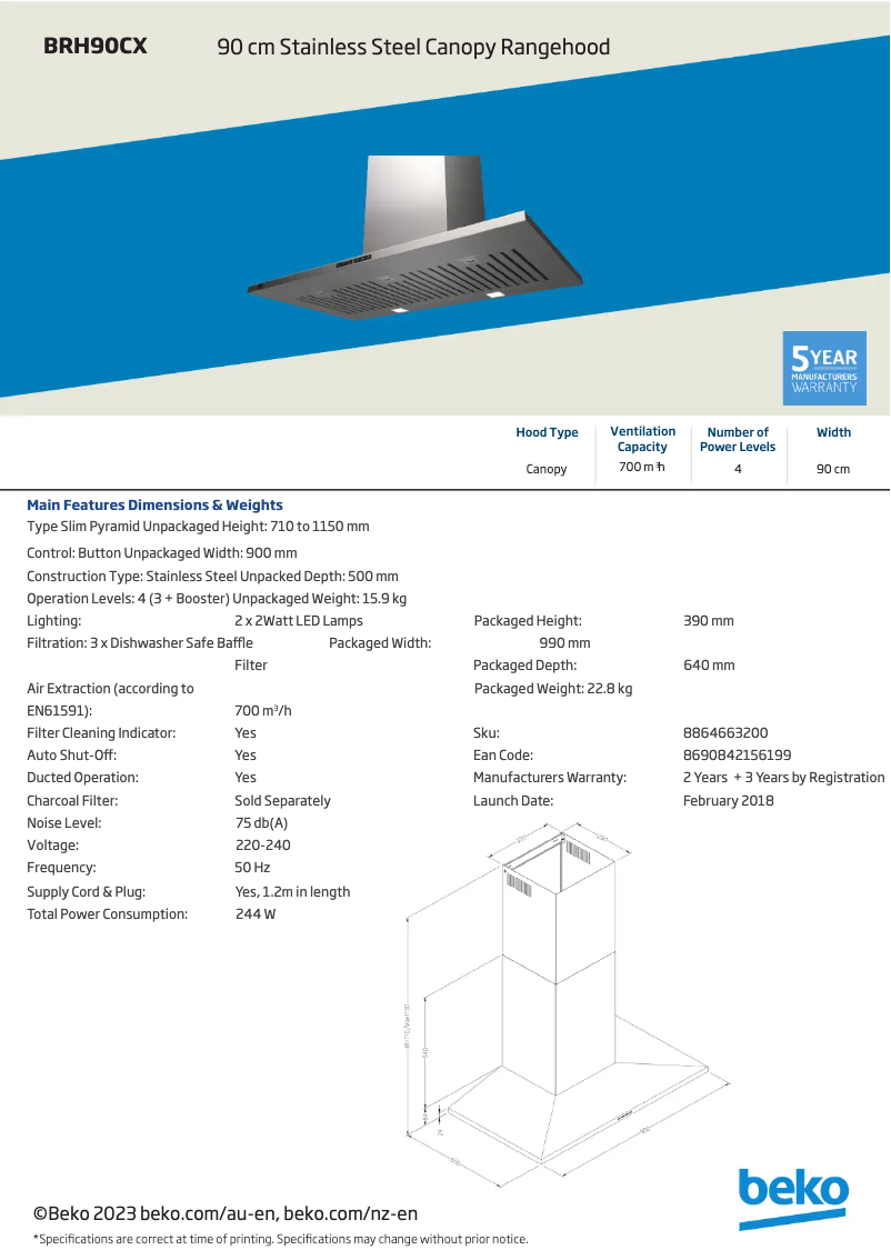 Page 1 de la notice Fiche technique Beko BRH90CX