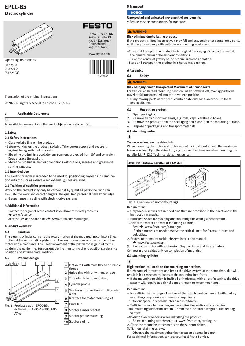 Page 1 de la notice Manuel utilisateur Festo EPCC-BS-45-300-10P-A
