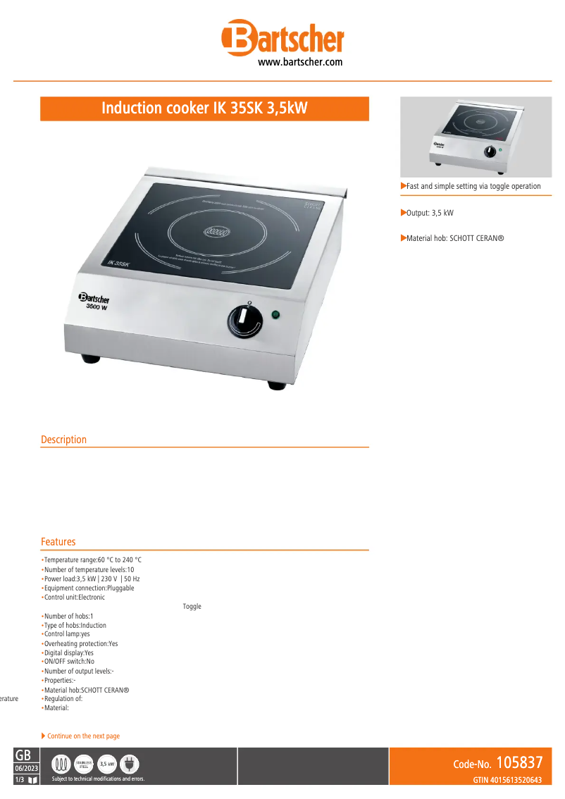 Page n°1 - Fiche technique Bartscher IK 35SK