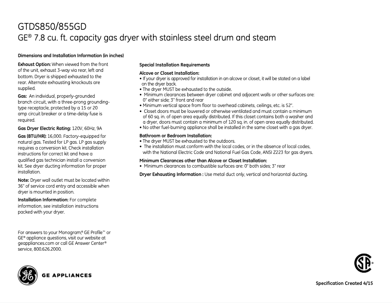 Page n°1 - Fiche technique GE GTDS855GDMC