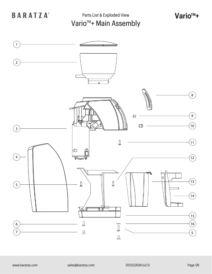 Page 1 de la notice Fiche technique Baratza Vario