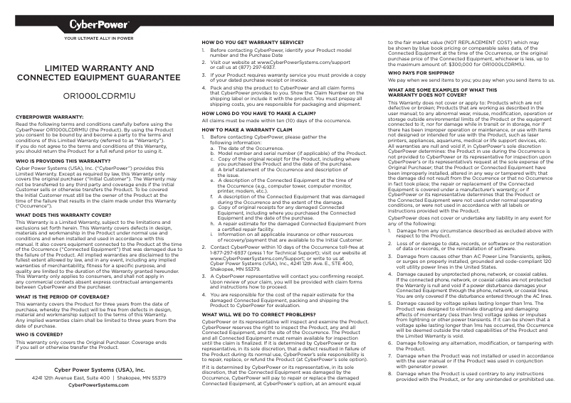 Page 1 de la notice Informations de garantie CyberPower OR1000LCDRM1U