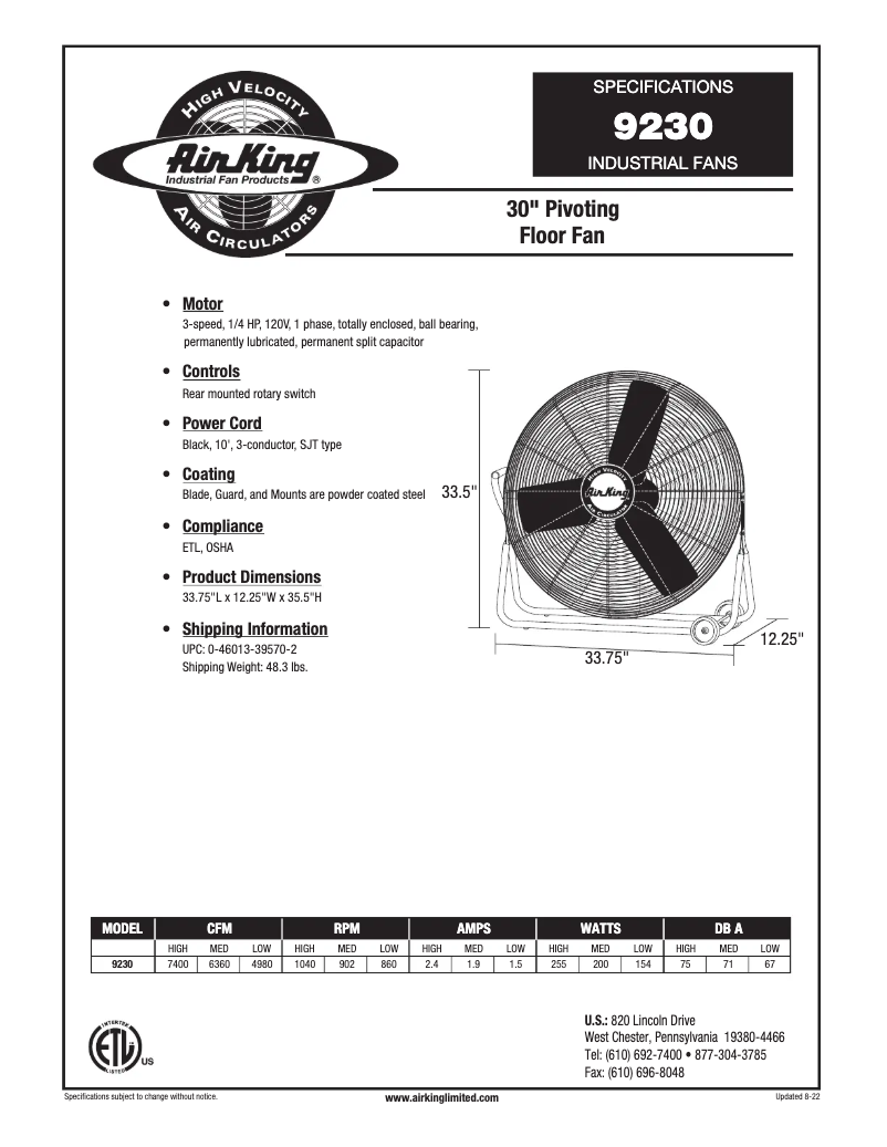 Page 1 de la notice Fiche technique Air King 9230