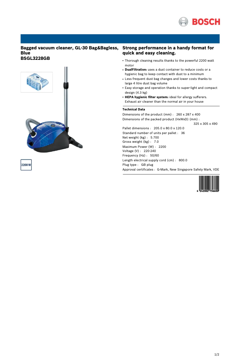 Page 1 de la notice Fiche technique Bosch BSGL3228GB