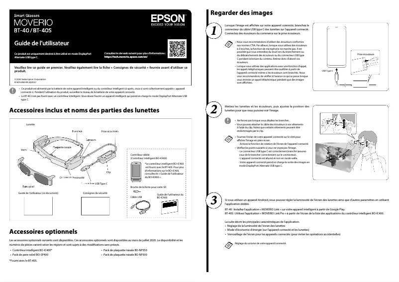 Page 1 de la notice Manuel utilisateur Epson Moverio BT-40S
