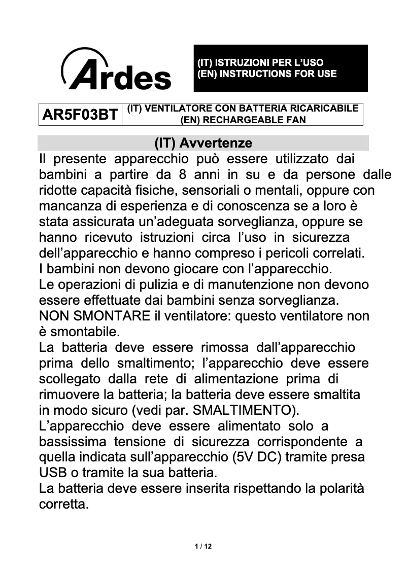 Page 1 de la notice Manuel utilisateur Ardes AR5F03BT