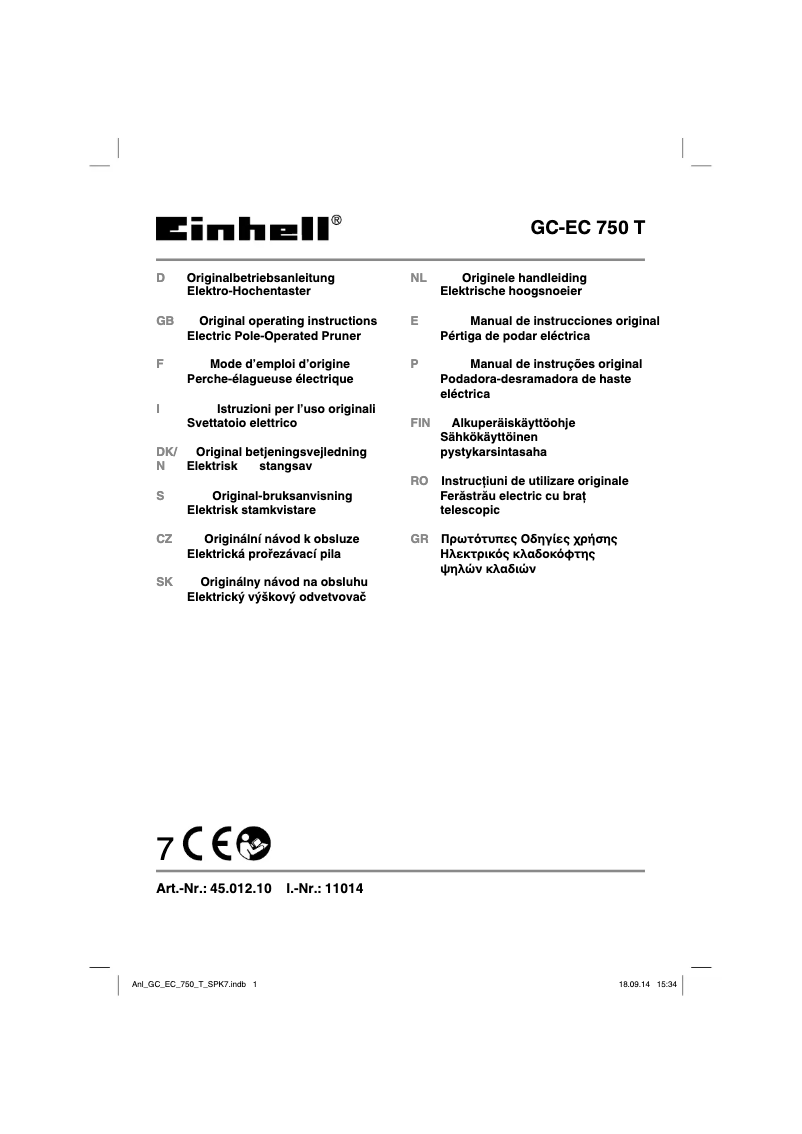 Page n°1 - Manuel utilisateur Einhell GC-EC 750 T