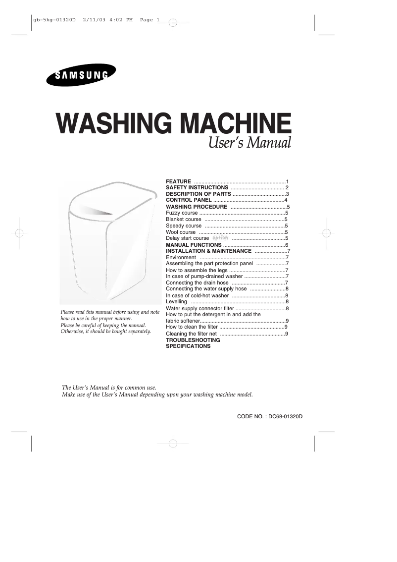 Page n°1 - Manuel utilisateur Samsung WA70K2P