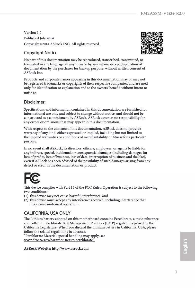 Page n°1 - Manuel utilisateur Asrock FM2A58M-VG3+ R2.0