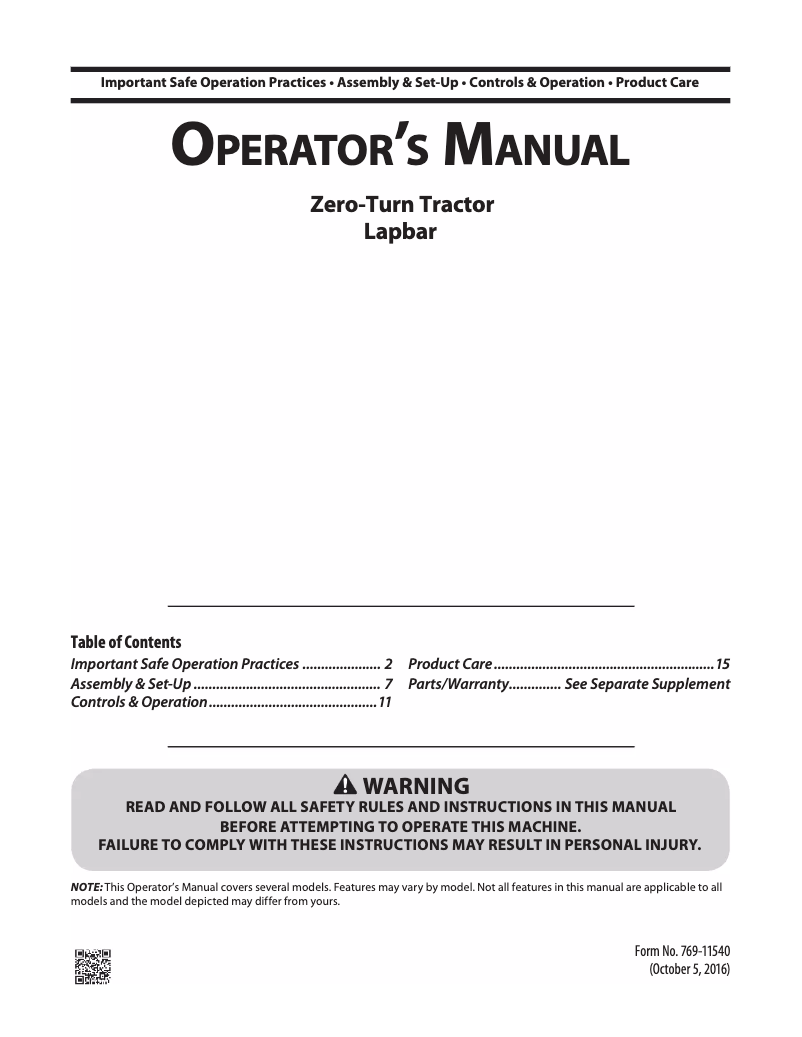 Page n°1 - Manuel utilisateur Troy-Bilt Mustang 46 XP