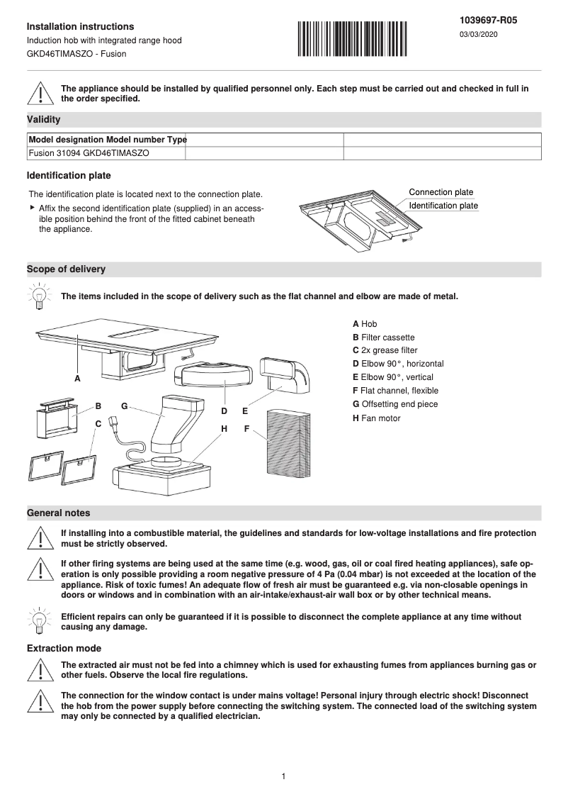 Page 1 de la notice Guide d'installation V-Zug GKD46TIMAS Fusion