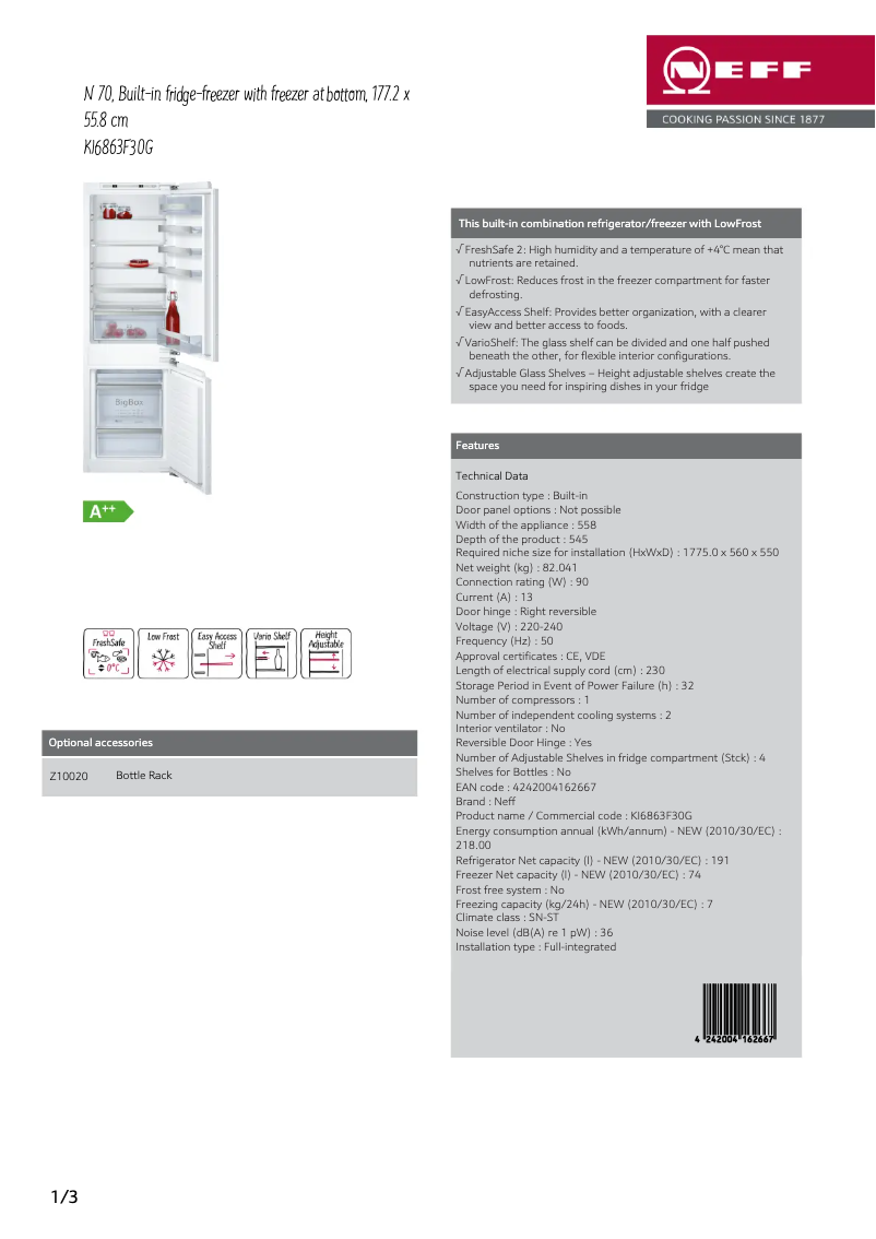 Page 1 de la notice Fiche technique Neff KI6863F30G