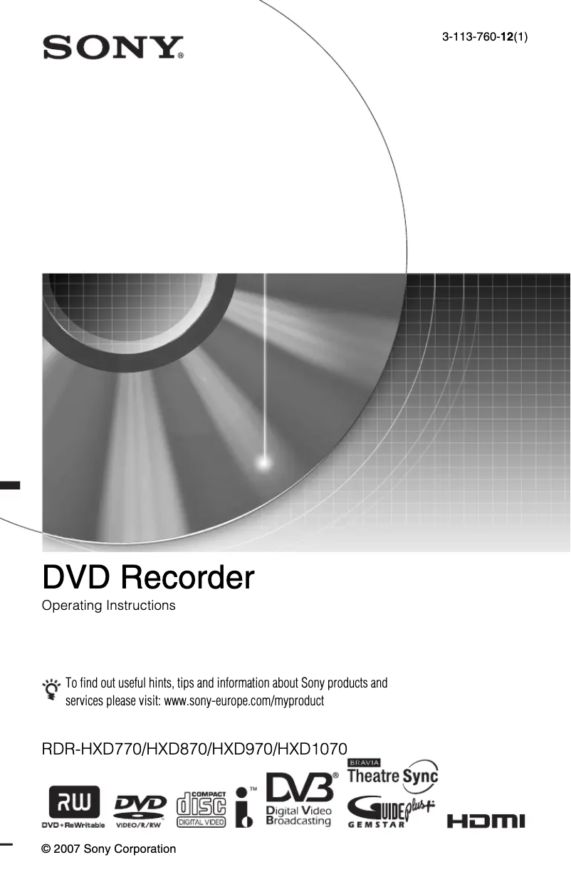 Page 1 de la notice Manuel utilisateur Sony RDR-HXD770