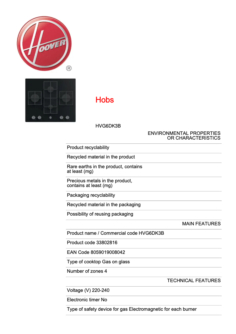 Page n°1 - Fiche technique Hoover H-HOB 300 HVG6DK3B