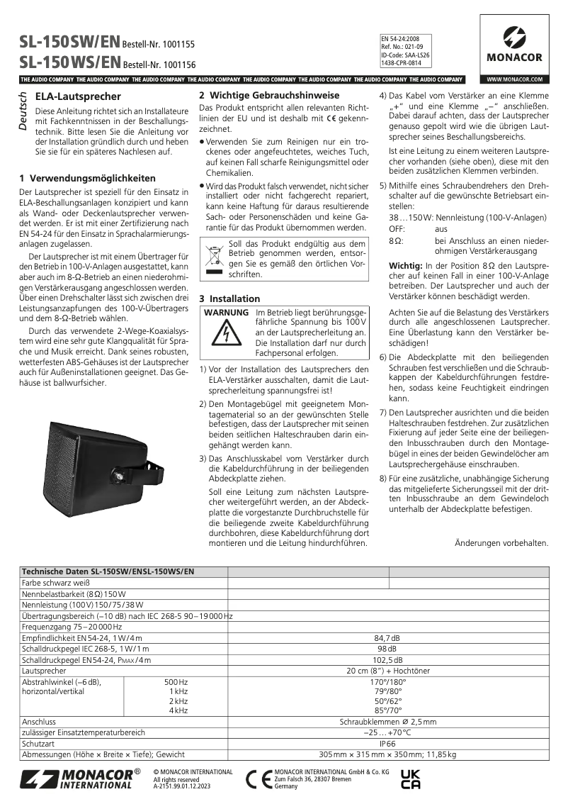 Page n°1 - Manuel utilisateur Monacor SL-150SW/EN