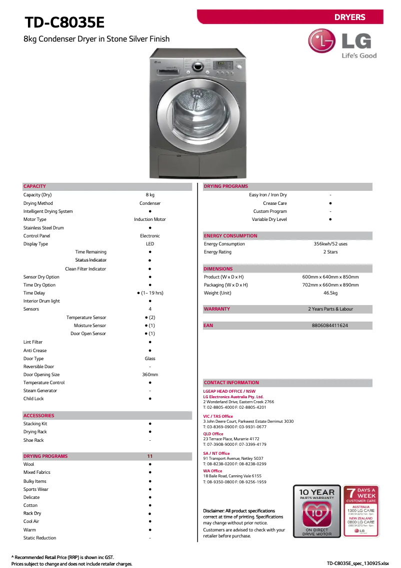 Page 1 de la notice Fiche technique LG TD-C8035E