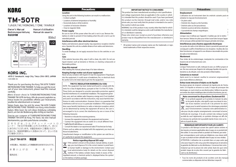 Page n°1 - Manuel utilisateur Korg TM-50TR