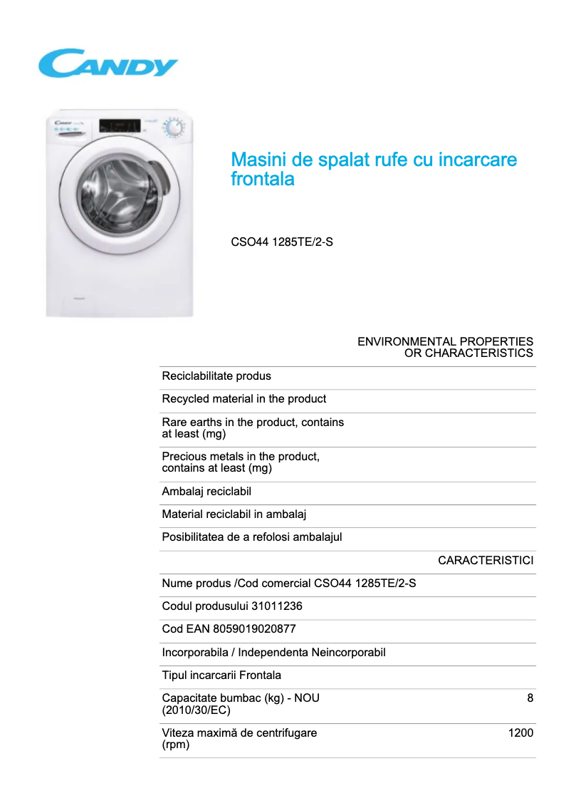 Page 1 de la notice Fiche technique Candy CSO44 1285TE/2-S