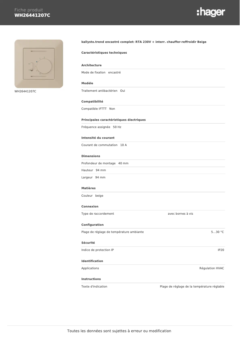 Page n°1 - Fiche technique Hager WH26441207C