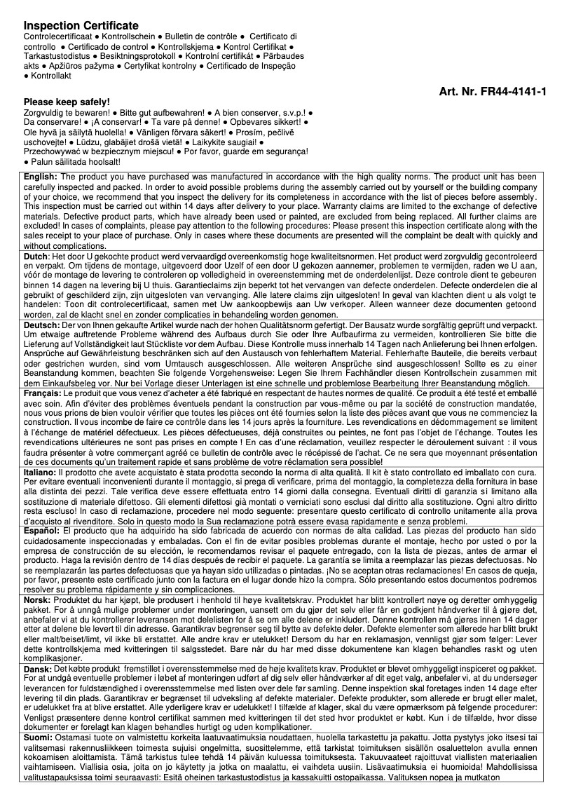 Page 1 de la notice Instructions / montage Palmako Caroline