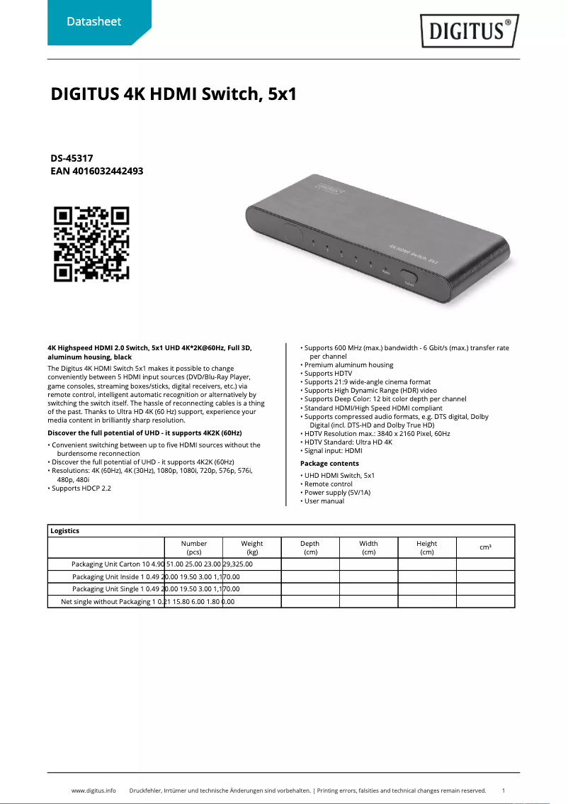 Página 1 del manual Ficha técnica Digitus DS-45317