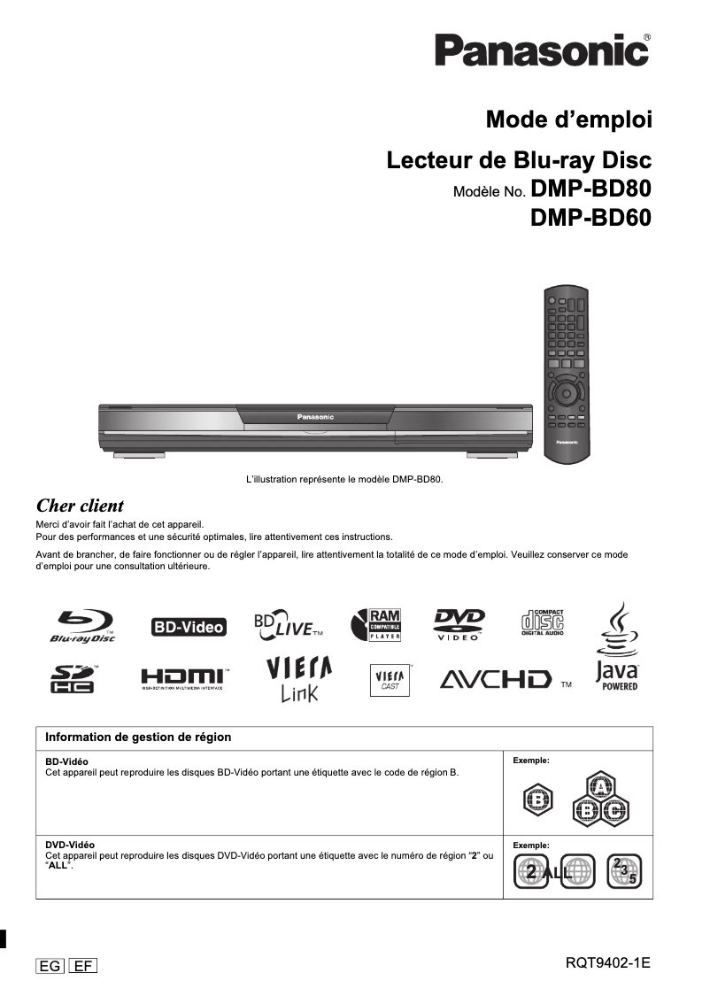 Image de la première page du manuel de l'appareil DMP-BD60