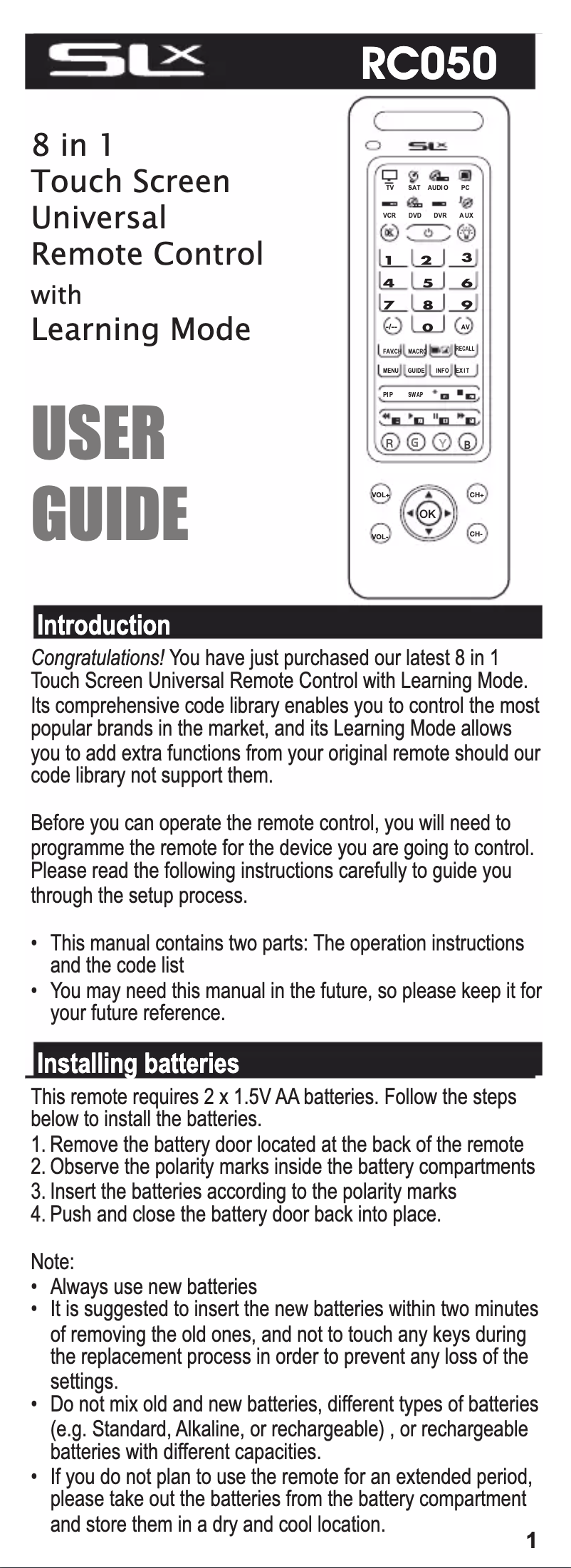 Page n°1 - Manuel utilisateur Philex SLx RC050