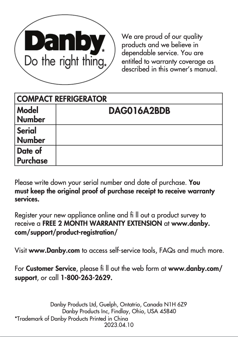 Page 1 de la notice Manuel utilisateur Danby DAG016A2BDB