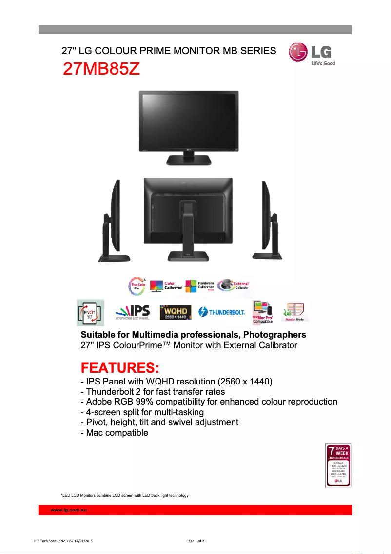 Page 1 de la notice Fiche technique LG 27MB85Z-B