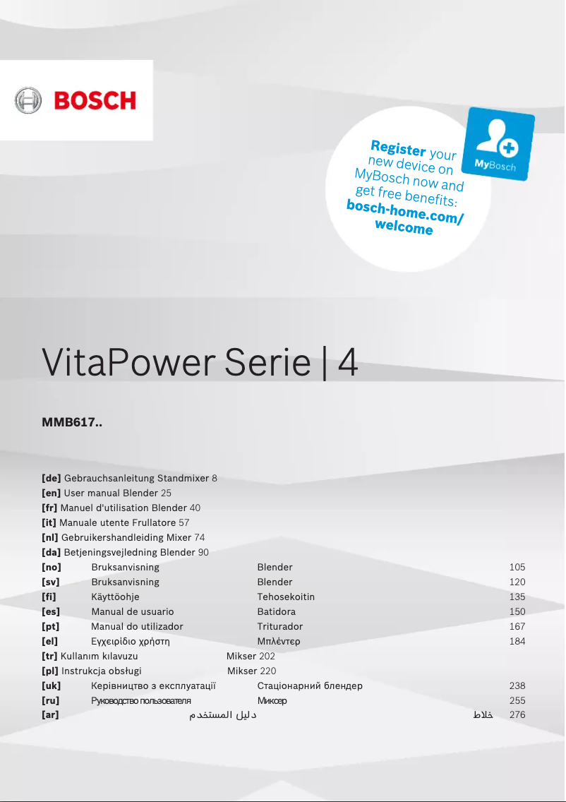 Page 1 de la notice Manuel utilisateur Bosch VitaPower Serie 4 MMB6174SN