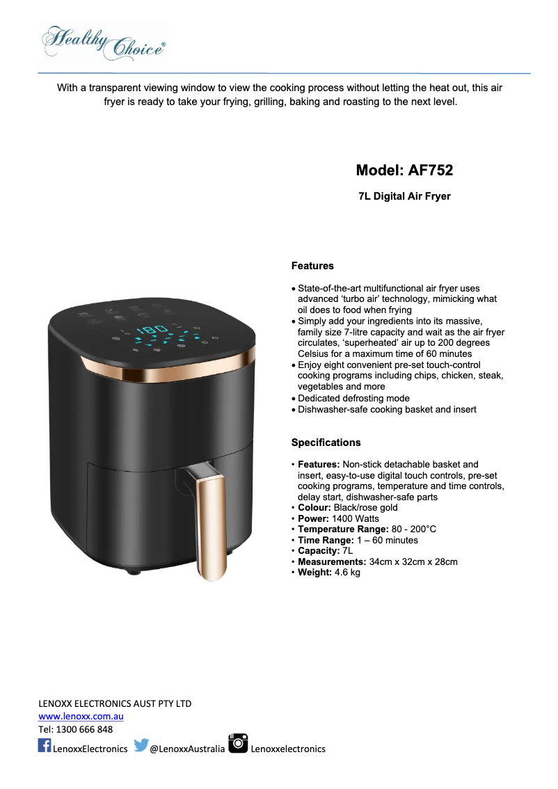 Page 1 de la notice Fiche technique Lenoxx Healthy Choice AF752