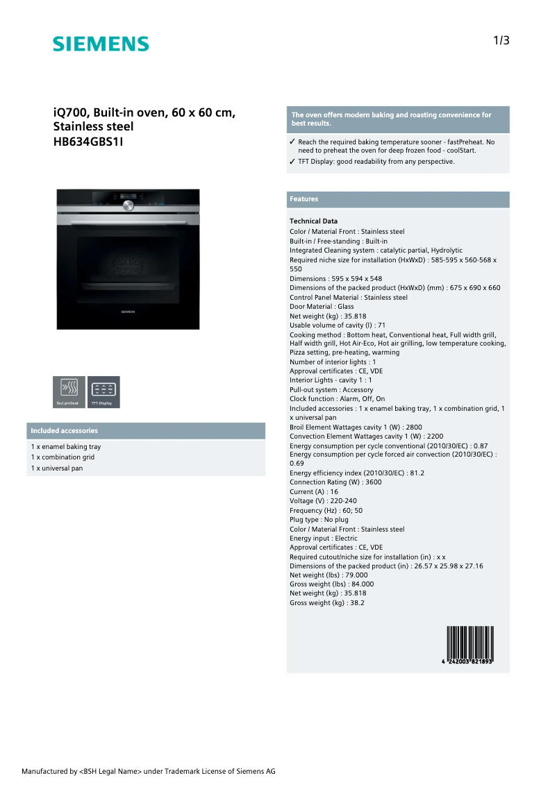Page 1 de la notice Manuel utilisateur Siemens HB634GBS1I