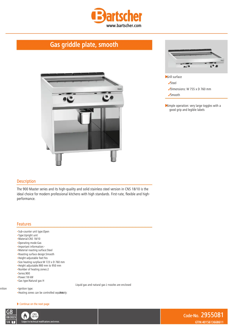 Page 1 de la notice Fiche technique Bartscher 2955081