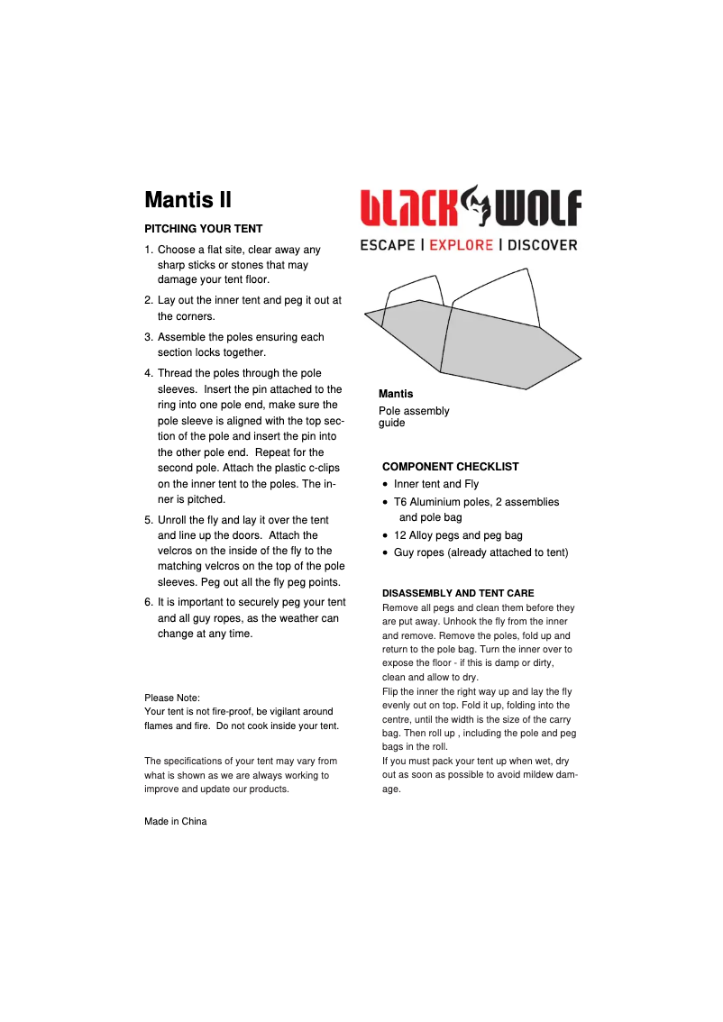 Page 1 de la notice Manuel utilisateur Black Wolf Mantis I