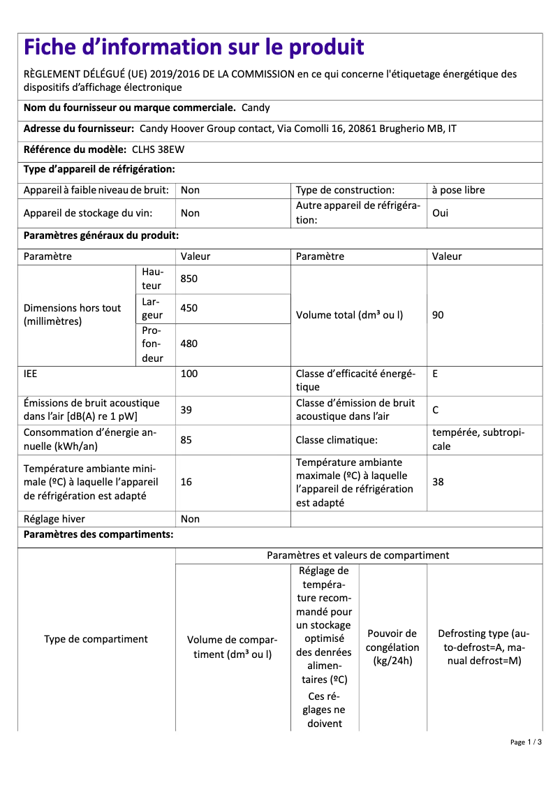 Page n°1 - Fiche technique Candy CLHS 38EW
