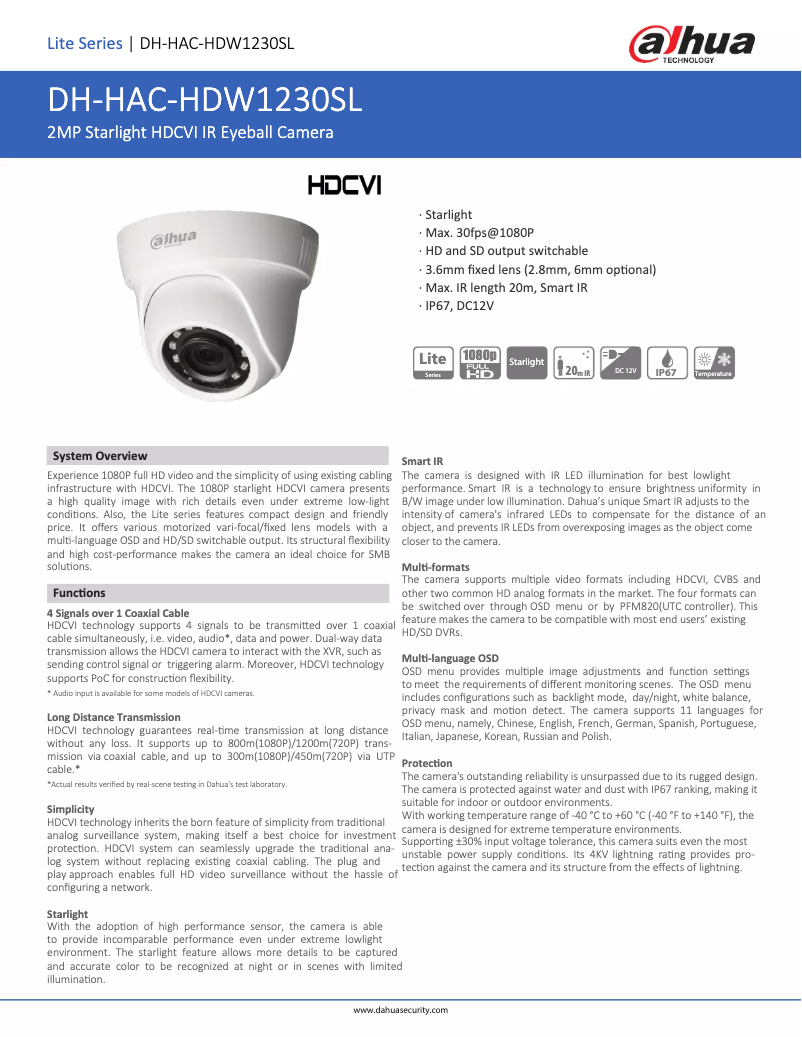 Page 1 de la notice Fiche technique Dahua Technology HAC-HDW1230SL