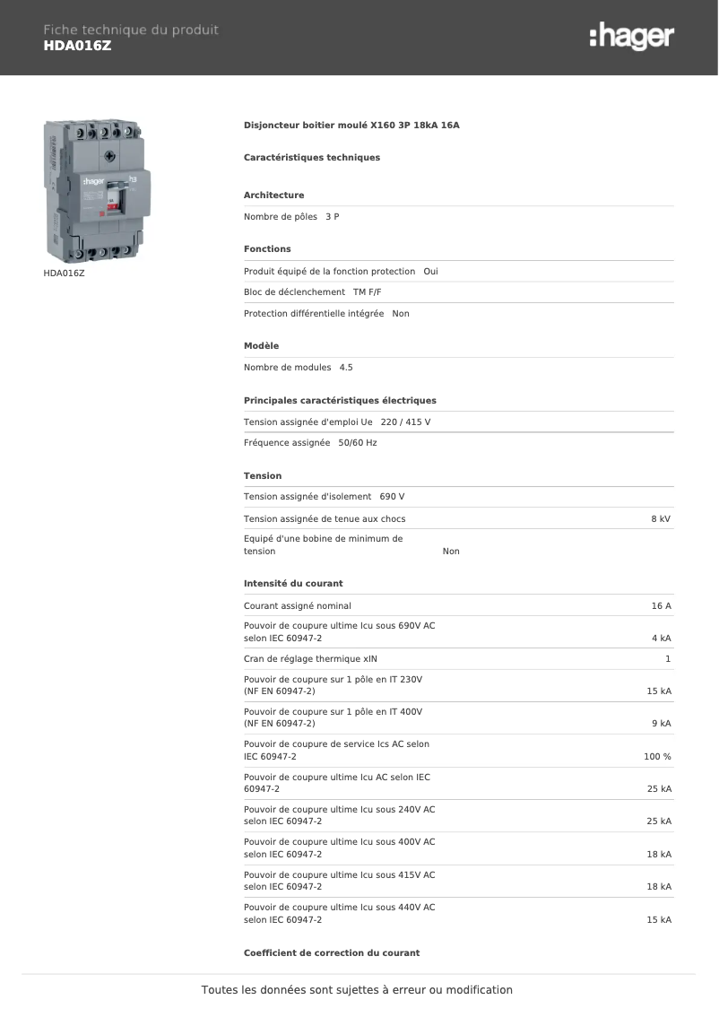 Image de la première page du manuel de l'appareil HDA016Z
