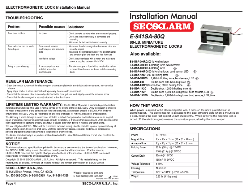 Page 1 de la notice Manuel utilisateur Seco-Larm E-941SA-80Q