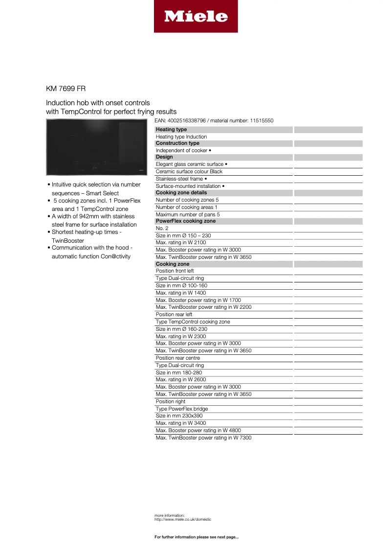 Page 1 de la notice Fiche technique Miele KM 7699 FR