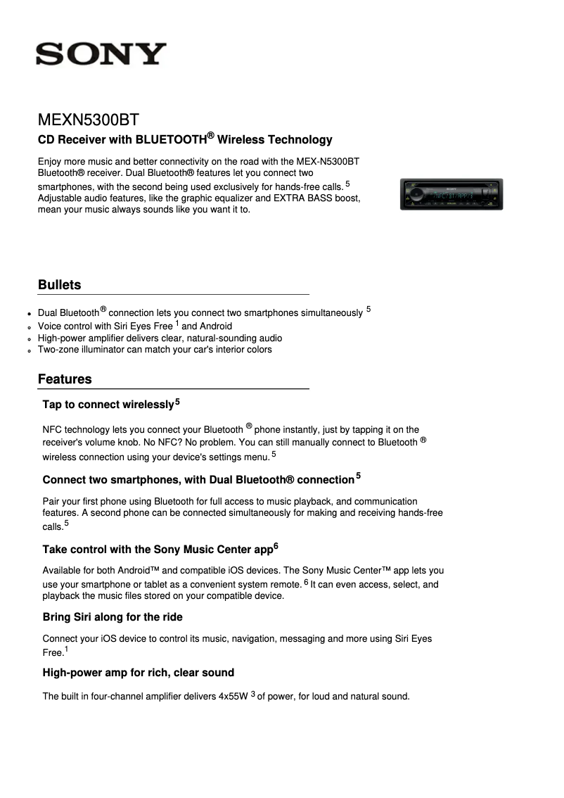 Page n°1 - Fiche technique Sony MEX-N5300BT