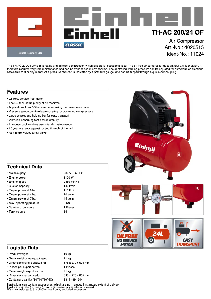 Page 1 de la notice Fiche technique Einhell TH-AC 200/24 OF