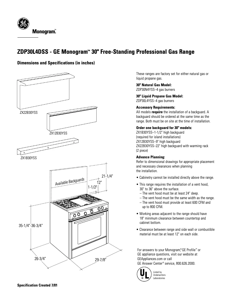 Page 1 de la notice Fiche technique GE ZDP30L4DSS