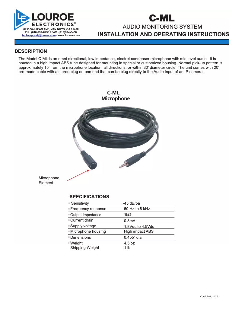 Page 1 de la notice Manuel utilisateur Louroe Electronics C-ML