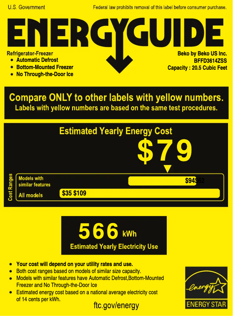 Page 1 de la notice Label énergétique Beko BFFD3614ZSS