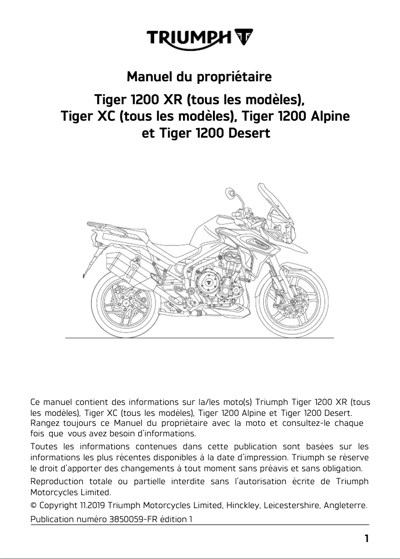 Page 1 de la notice Manuel utilisateur Triumph Tiger 1200 Alpine (2021)