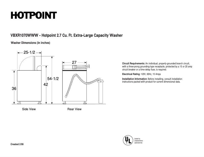 Page 1 de la notice Fiche technique Hotpoint VBXR1070WWW