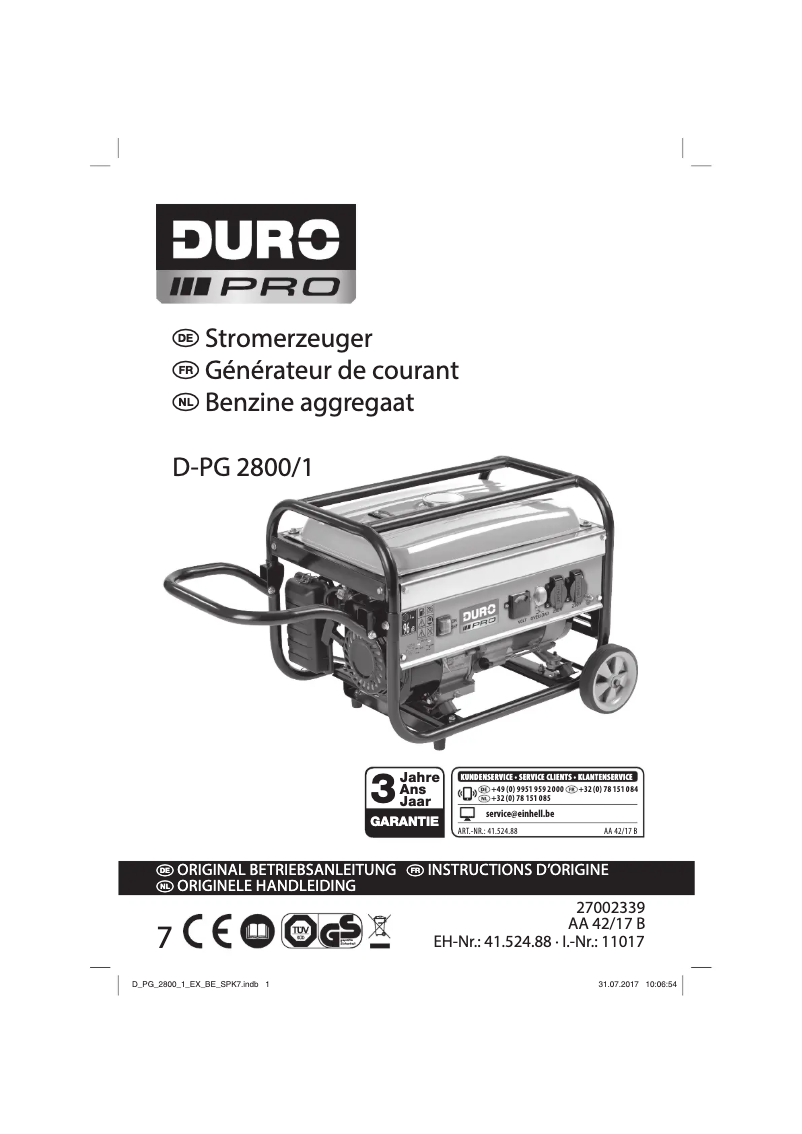 Page 1 de la notice Manuel utilisateur DURO PRO D-PG 2800/1