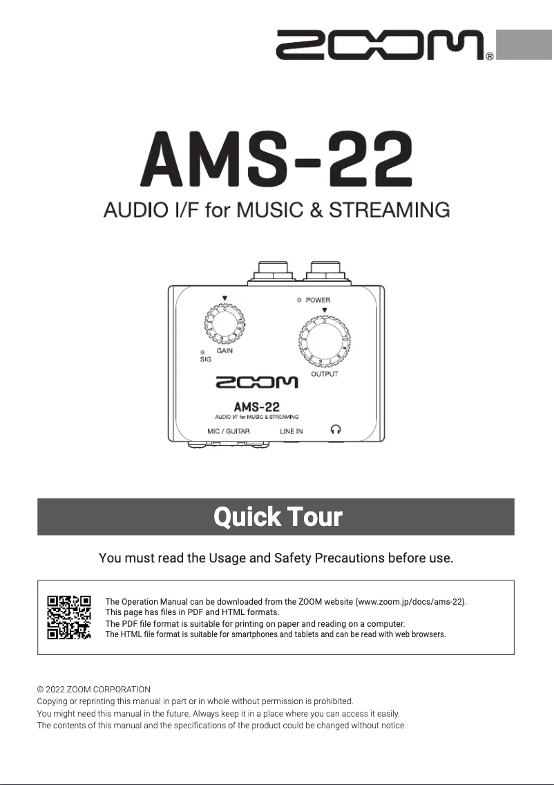 Page 1 de la notice Guide de démarrage rapide Zoom AMS-22