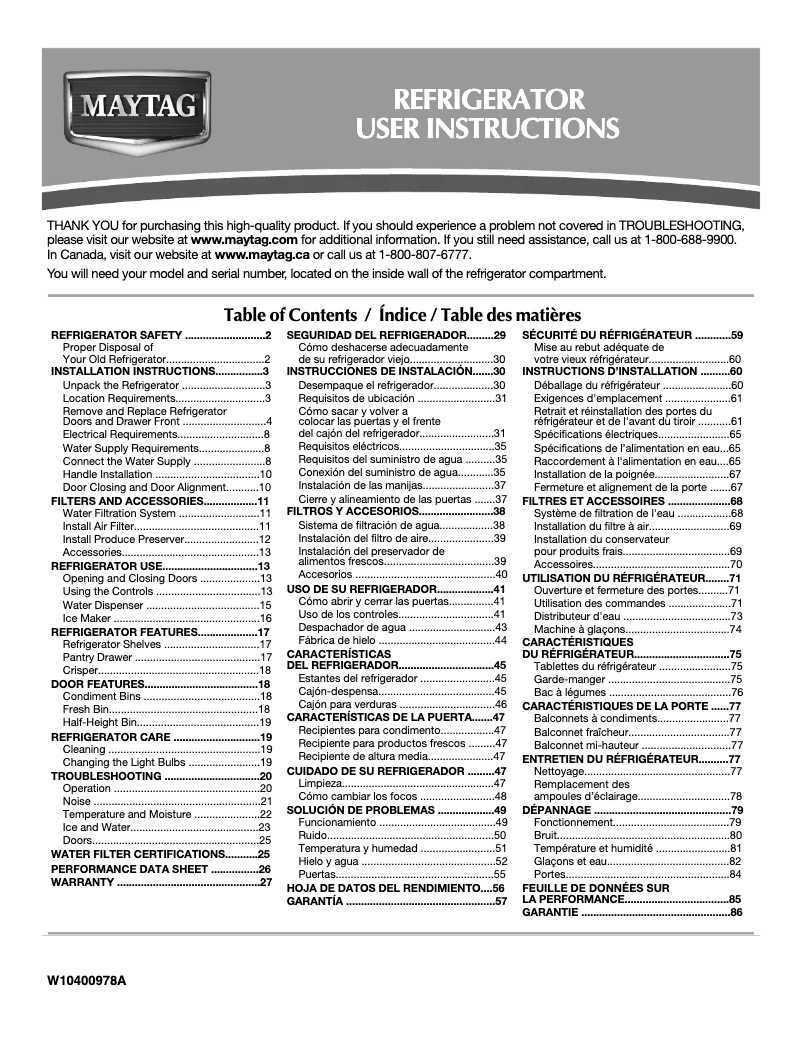 Page 1 de la notice Manuel utilisateur Maytag MFF2055FRZ